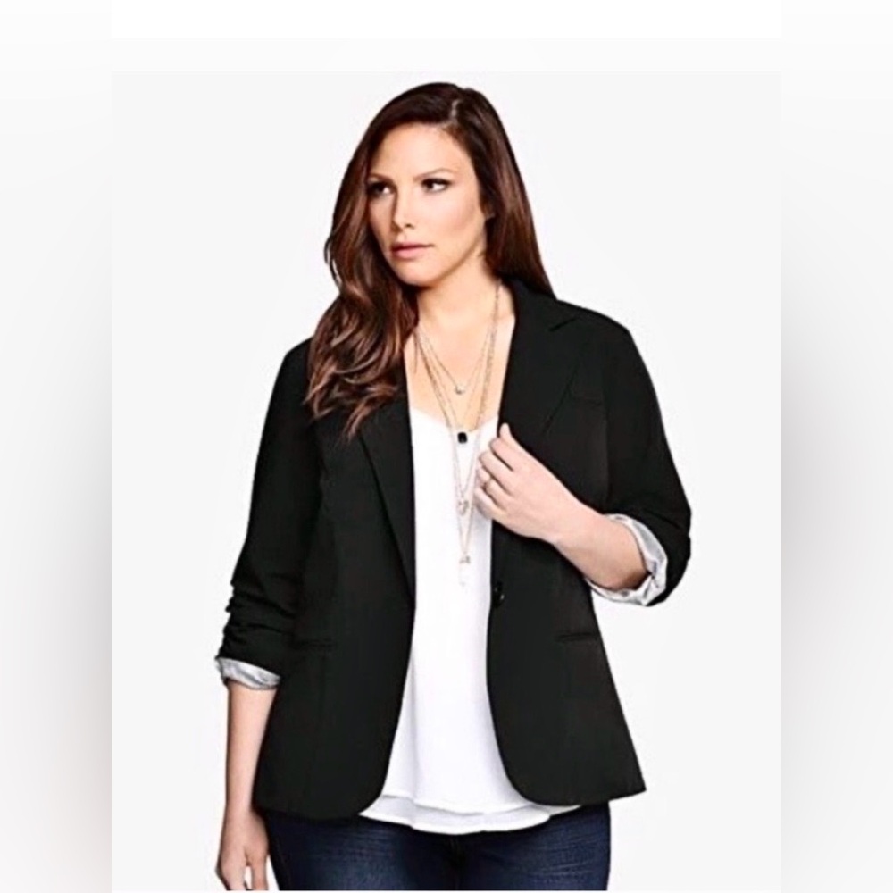 Torrid Black Scrunched 3/4 Sleeve Stretch Blazer Open Front Prof